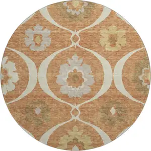 Photo of 8' Rust Gray And Gold Medallion Washable Round Rug With UV Protection