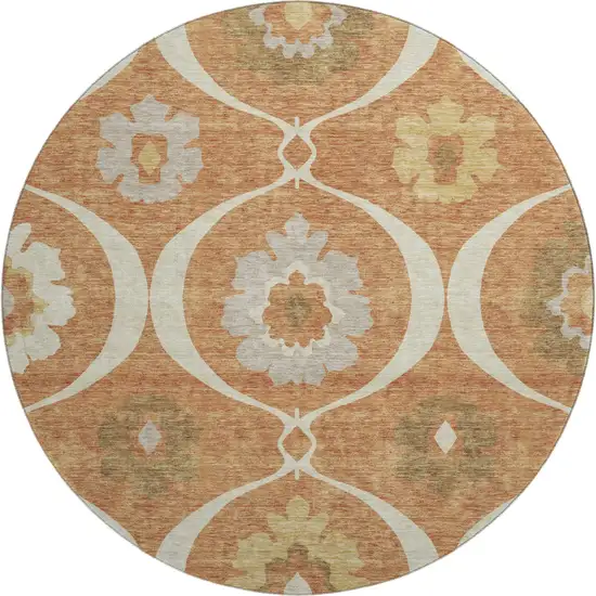 8' Rust Gray And Gold Medallion Washable Round Rug With UV Protection Photo 1