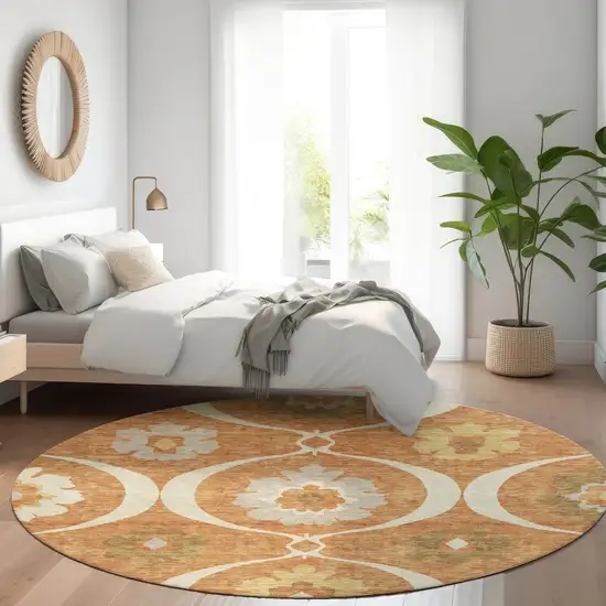 8' Rust Gray And Gold Medallion Washable Round Rug With UV Protection Photo 5