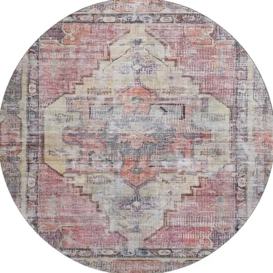8' Rust Gray And Gold Oriental Washable Round Rug With UV Protection Photo 3