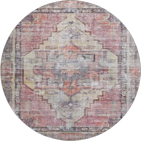 8' Rust Gray And Gold Oriental Washable Round Rug With UV Protection Photo 1