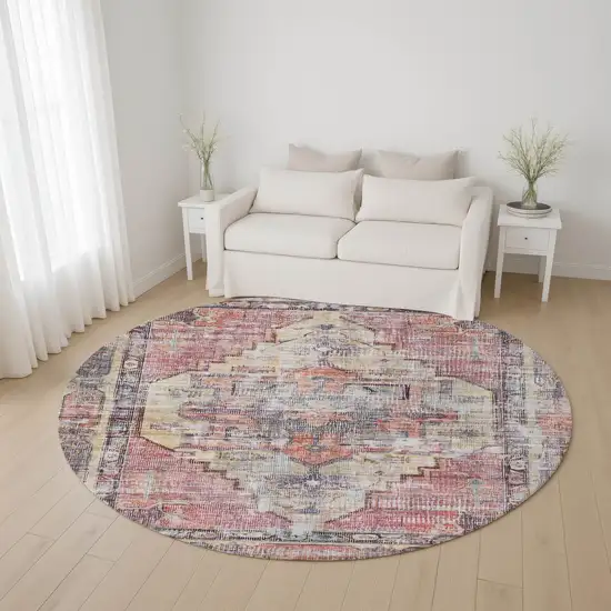 8' Rust Gray And Gold Oriental Washable Round Rug With UV Protection Photo 4