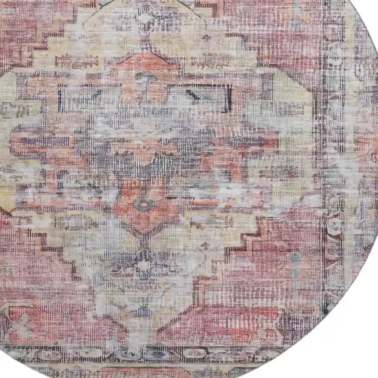 8' Rust Gray And Gold Oriental Washable Round Rug With UV Protection Photo 2