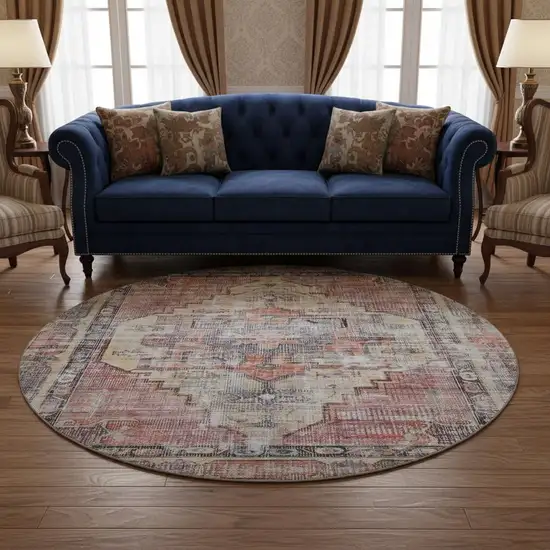 8' Rust Gray And Gold Oriental Washable Round Rug With UV Protection Photo 2