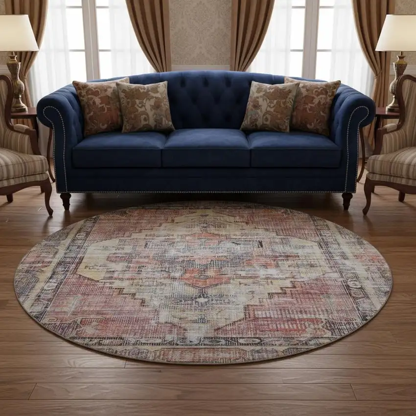 8' Rust Gray And Gold Oriental Washable Round Rug With UV Protection Photo 2