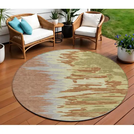 8' Rust Gray And Green Round Abstract Washable Indoor Outdoor Area Rug Photo 1