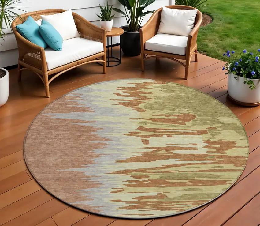8' Rust Gray And Green Round Abstract Washable Indoor Outdoor Area Rug Photo 1