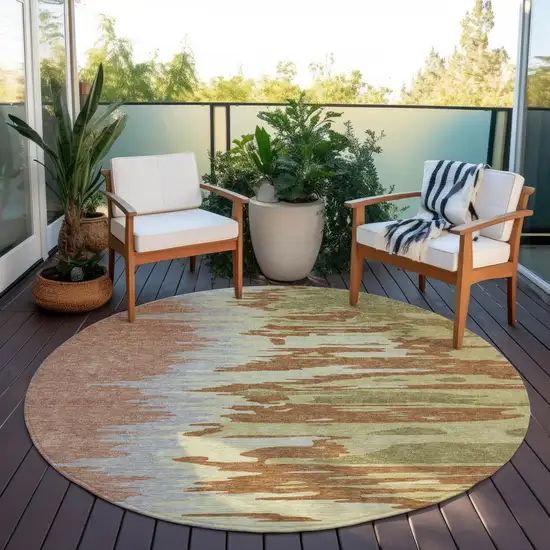 8' Rust Gray And Green Round Abstract Washable Indoor Outdoor Area Rug Photo 8
