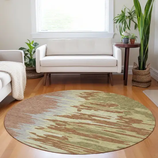 8' Rust Gray And Green Round Abstract Washable Indoor Outdoor Area Rug Photo 9