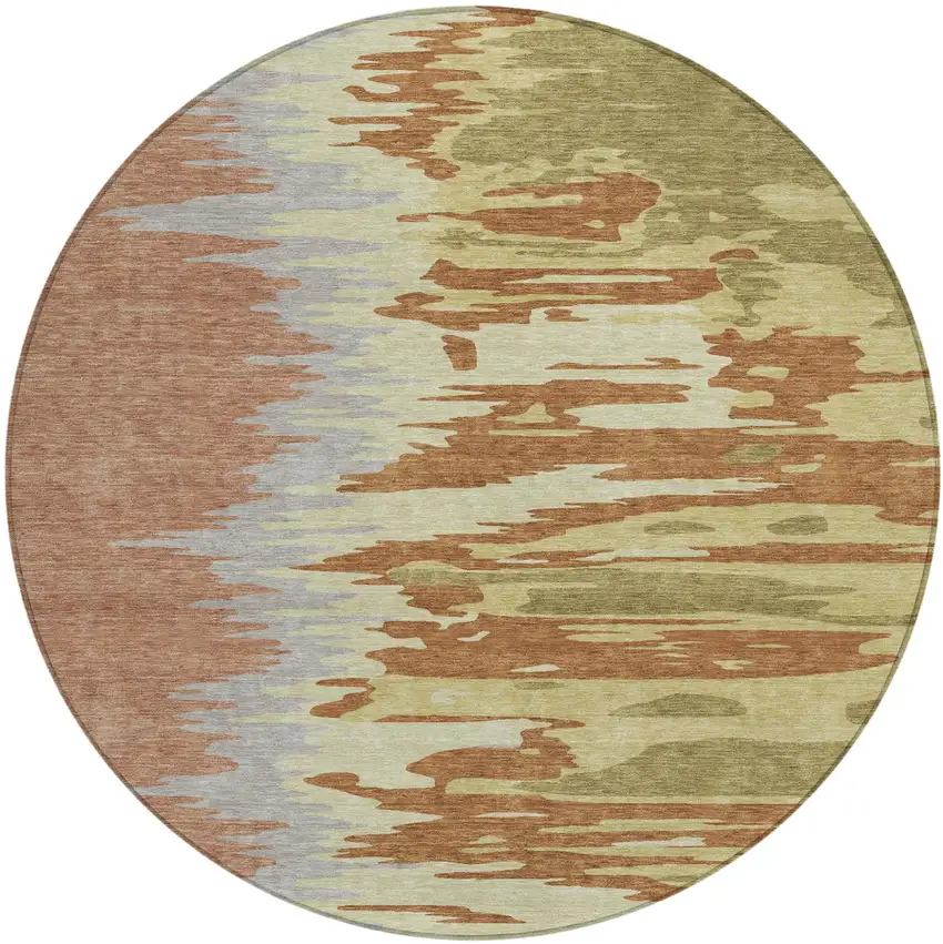 8' Rust Gray And Green Round Abstract Washable Indoor Outdoor Area Rug Photo 2