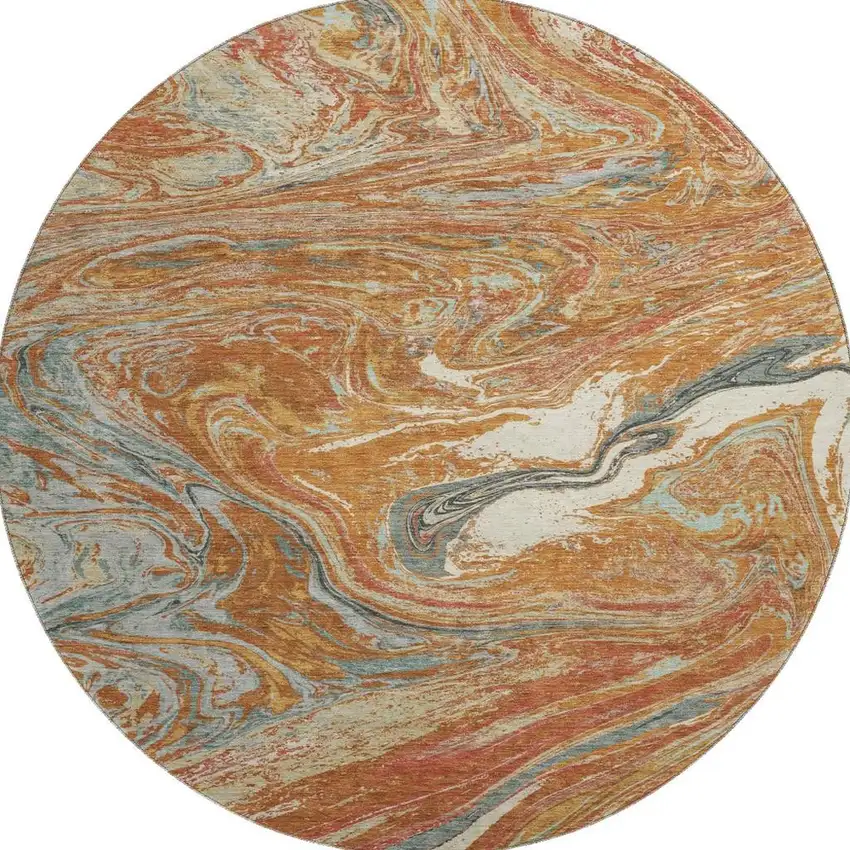 8' Rust Gray And Ivory Abstract Washable Round Rug With UV Protection Photo 3