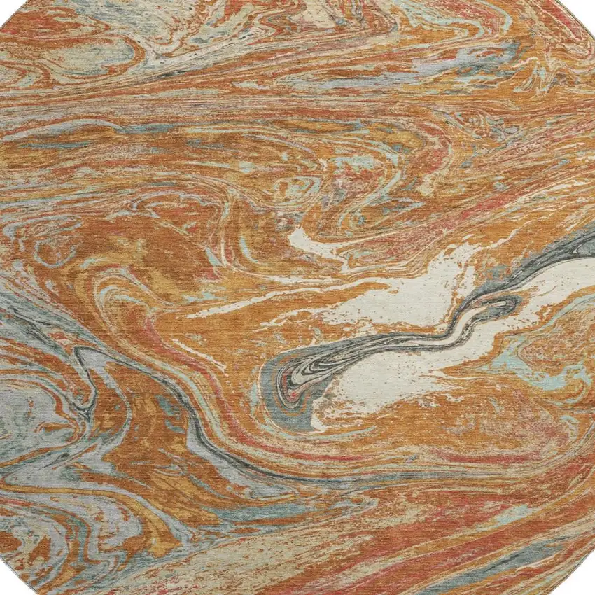 8' Rust Gray And Ivory Abstract Washable Round Rug With UV Protection Photo 2