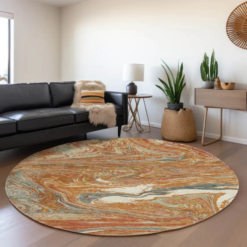 8' Rust Gray And Ivory Abstract Washable Round Rug With UV Protection Photo 4