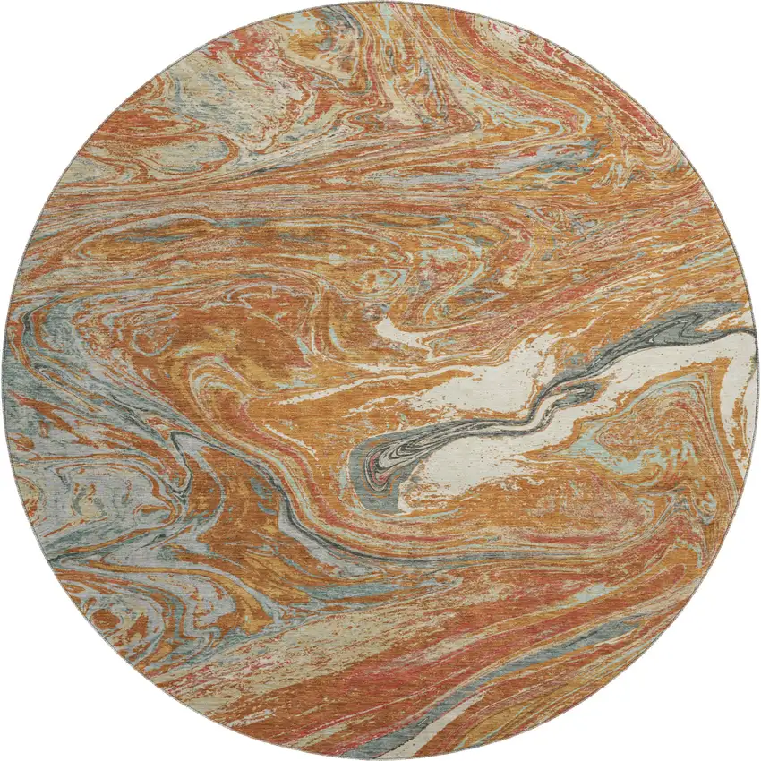 8' Rust Gray And Ivory Abstract Washable Round Rug With UV Protection Photo 1