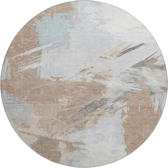 8' Rust Gray And Ivory Abstract Washable Round Rug With UV Protection Photo 1