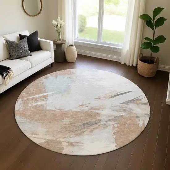 8' Rust Gray And Ivory Abstract Washable Round Rug With UV Protection Photo 4