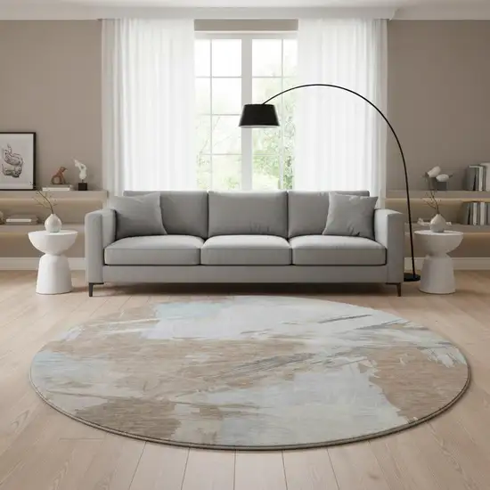 8' Rust Gray And Ivory Abstract Washable Round Rug With UV Protection Photo 2