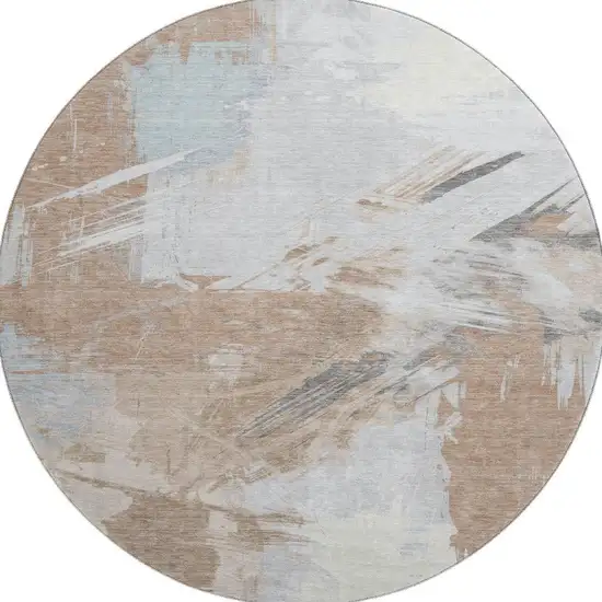 8' Rust Gray And Ivory Abstract Washable Round Rug With UV Protection Photo 2