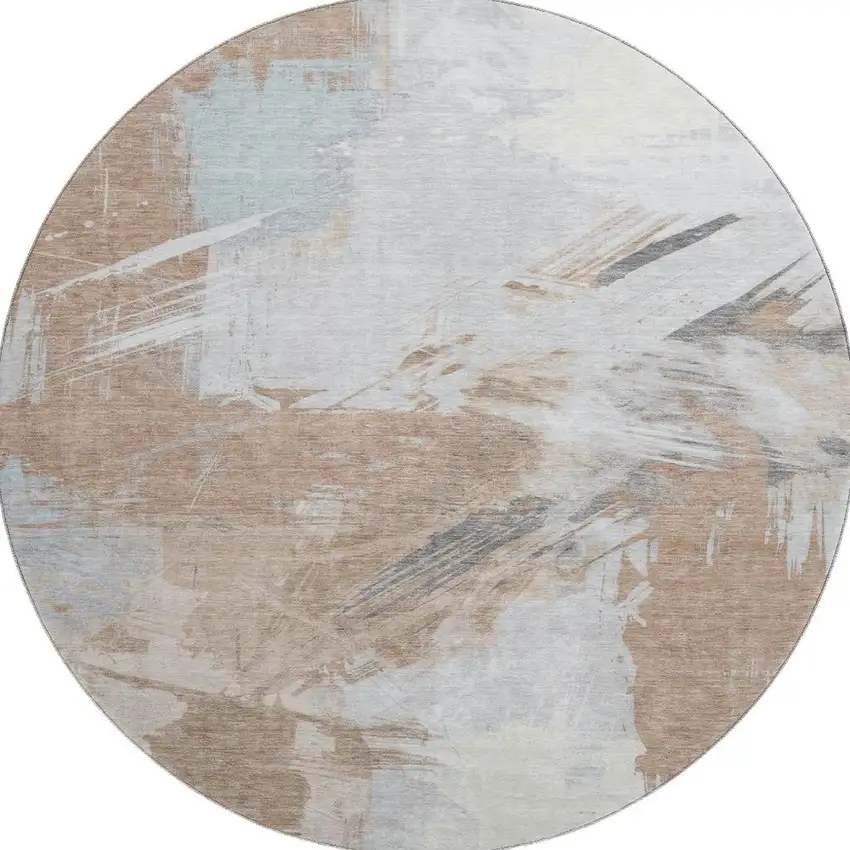 8' Rust Gray And Ivory Abstract Washable Round Rug With UV Protection Photo 2