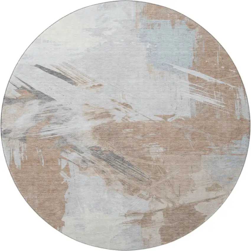 8' Rust Gray And Ivory Abstract Washable Round Rug With UV Protection Photo 3