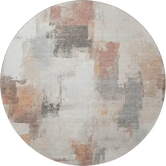 8' Rust Gray And Ivory Abstract Washable Round Rug With UV Protection Photo 4
