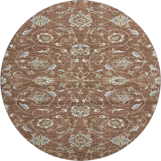 8' Rust Gray And Ivory Moroccan Washable Round Rug With UV Protection Photo 1