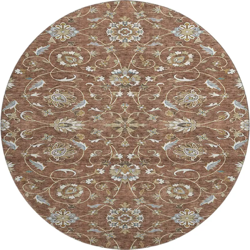 8' Rust Gray And Ivory Moroccan Washable Round Rug With UV Protection Photo 1