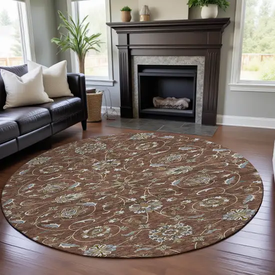 8' Rust Gray And Ivory Moroccan Washable Round Rug With UV Protection Photo 4