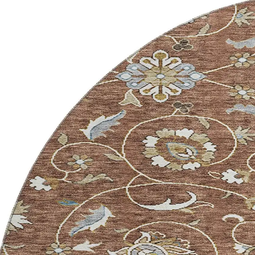 8' Rust Gray And Ivory Moroccan Washable Round Rug With UV Protection Photo 2