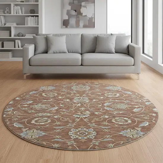 8' Rust Gray And Ivory Moroccan Washable Round Rug With UV Protection Photo 2
