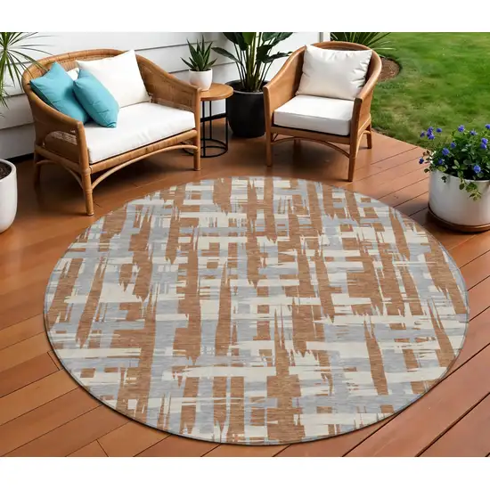 8' Rust Gray And Ivory Round Striped Washable Indoor Outdoor Area Rug Photo 2