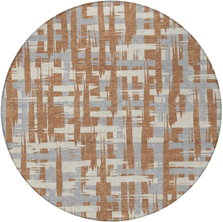 8' Rust Gray And Ivory Round Striped Washable Indoor Outdoor Area Rug Photo 3