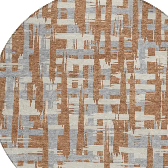8' Rust Gray And Ivory Round Striped Washable Indoor Outdoor Area Rug Photo 9