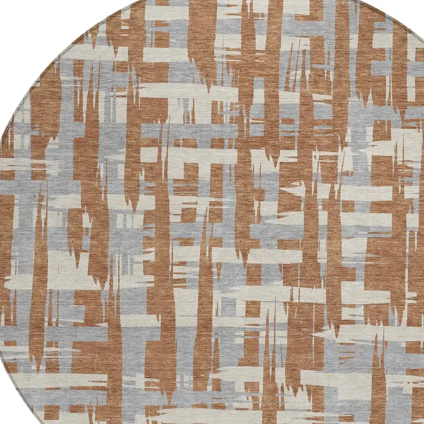 8' Rust Gray And Ivory Round Striped Washable Indoor Outdoor Area Rug Photo 9