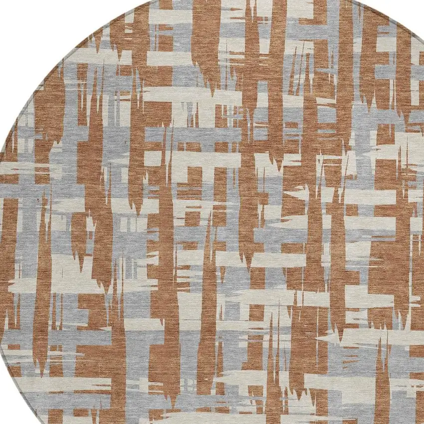 8' Rust Gray And Ivory Round Striped Washable Indoor Outdoor Area Rug Photo 4