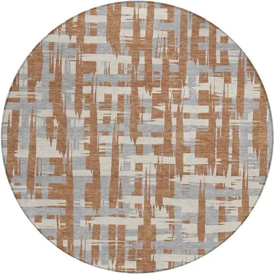 8' Rust Gray And Ivory Round Striped Washable Indoor Outdoor Area Rug Photo 1