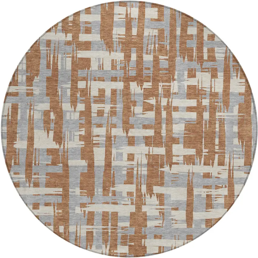 8' Rust Gray And Ivory Round Striped Washable Indoor Outdoor Area Rug Photo 1