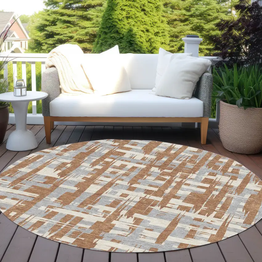 8' Rust Gray And Ivory Round Striped Washable Indoor Outdoor Area Rug Photo 6