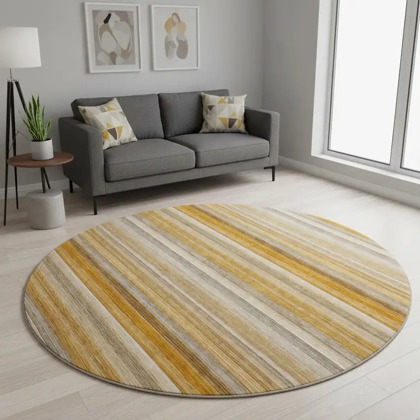 8' Rust Gray And Ivory Striped Washable Round Rug With UV Protection Photo 2