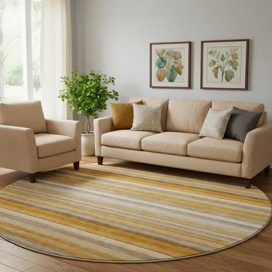 8' Rust Gray And Ivory Striped Washable Round Rug With UV Protection Photo 1