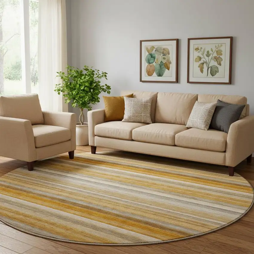 8' Rust Gray And Ivory Striped Washable Round Rug With UV Protection Photo 1