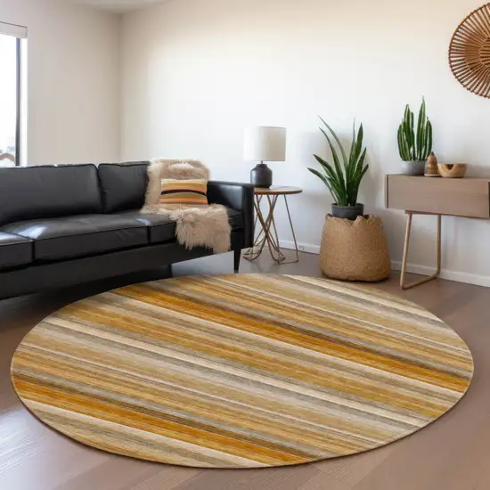 8' Rust Gray And Ivory Striped Washable Round Rug With UV Protection Photo 5