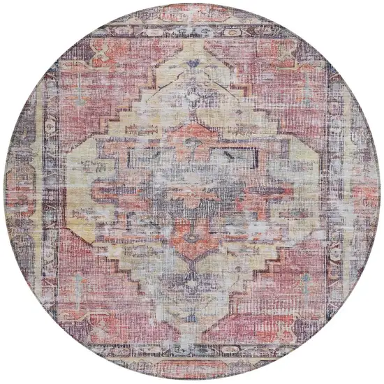 8' Rust Gray And Mauve Round Oriental Washable Indoor Outdoor Area Rug Photo 4