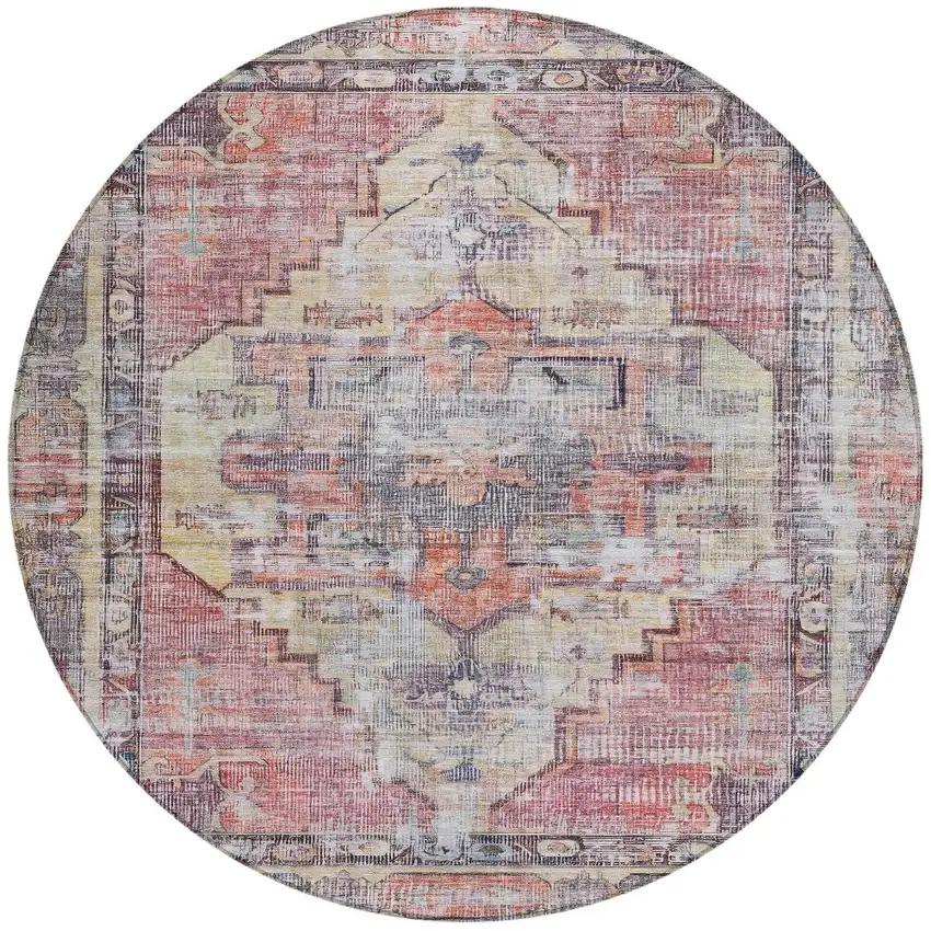 8' Rust Gray And Mauve Round Oriental Washable Indoor Outdoor Area Rug Photo 4