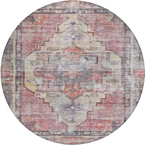Photo of 8' Rust Gray And Mauve Round Oriental Washable Indoor Outdoor Area Rug
