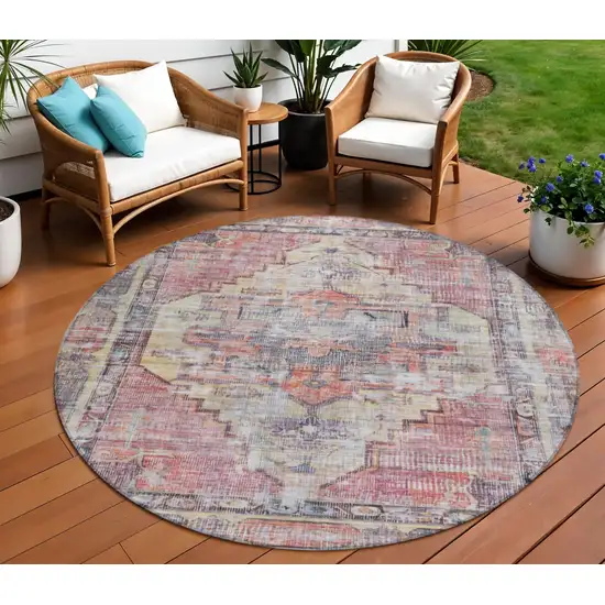 8' Rust Gray And Mauve Round Oriental Washable Indoor Outdoor Area Rug Photo 2
