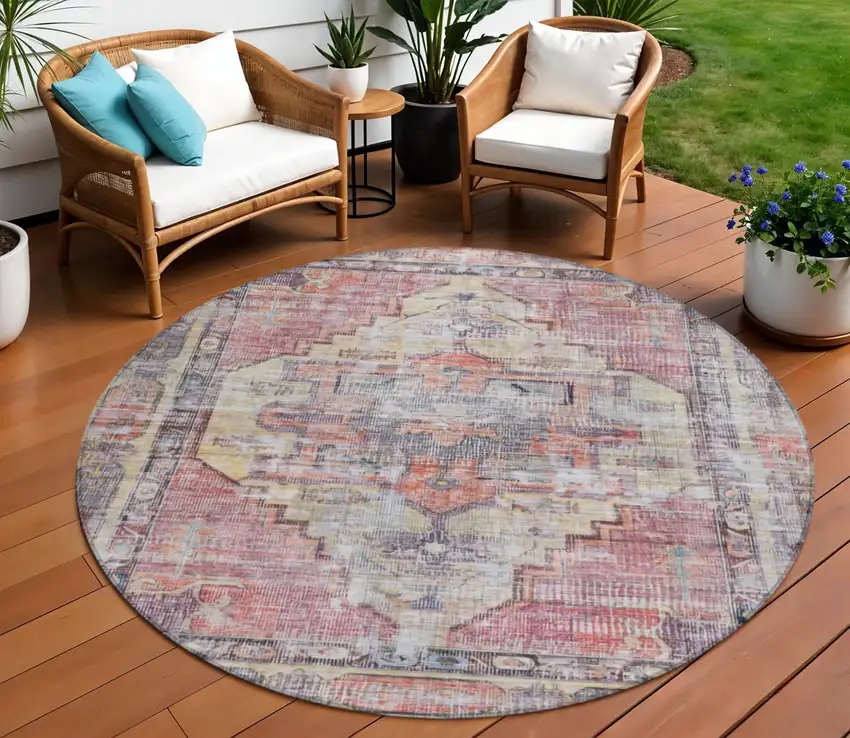 8' Rust Gray And Mauve Round Oriental Washable Indoor Outdoor Area Rug Photo 2