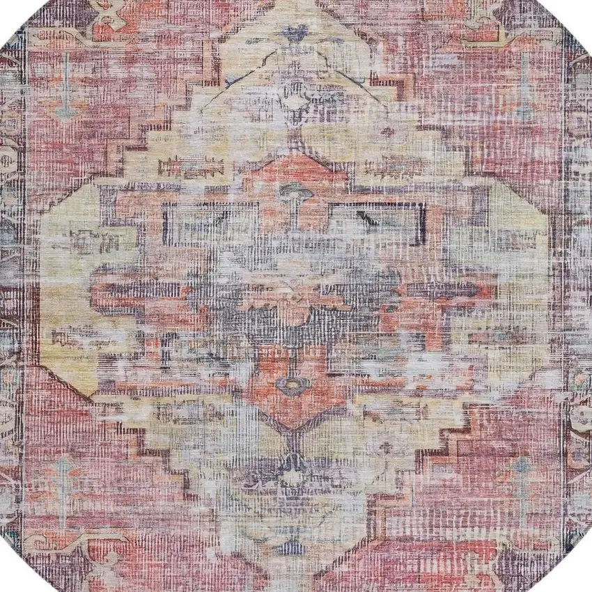 8' Rust Gray And Mauve Round Oriental Washable Indoor Outdoor Area Rug Photo 3