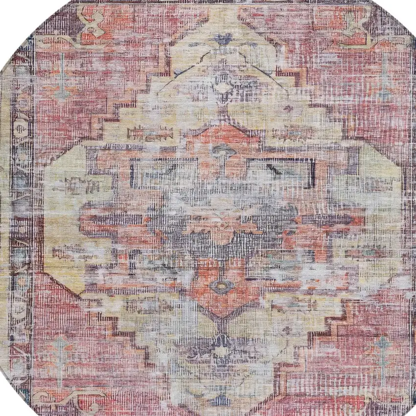 8' Rust Gray And Mauve Round Oriental Washable Indoor Outdoor Area Rug Photo 9