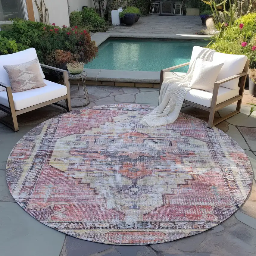8' Rust Gray And Mauve Round Oriental Washable Indoor Outdoor Area Rug Photo 5
